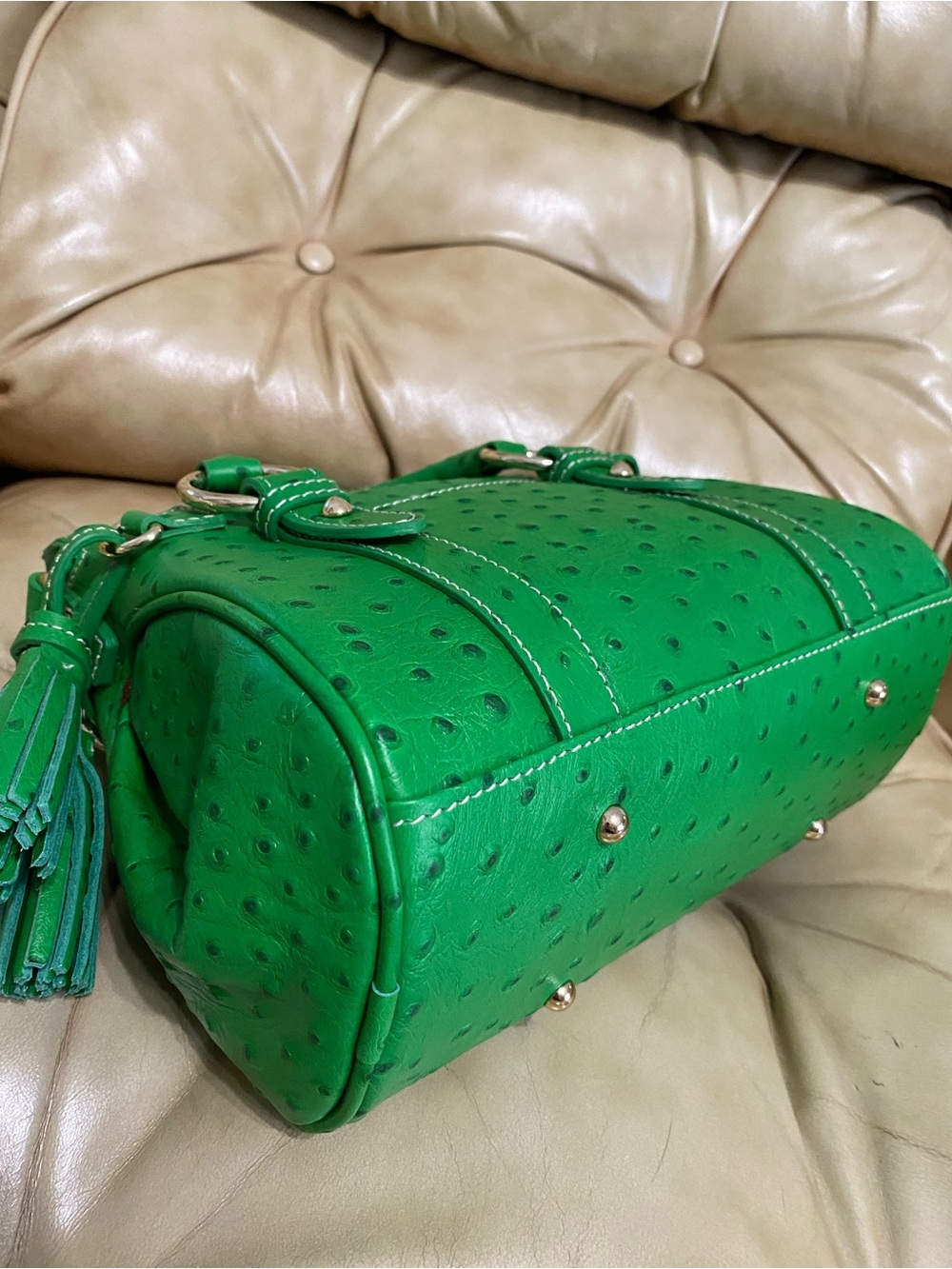 NEW Dooney & Bourke Kelly Green Pocket Satchel Ostrich Embossed Leather Tassel - Picture 10 of 15